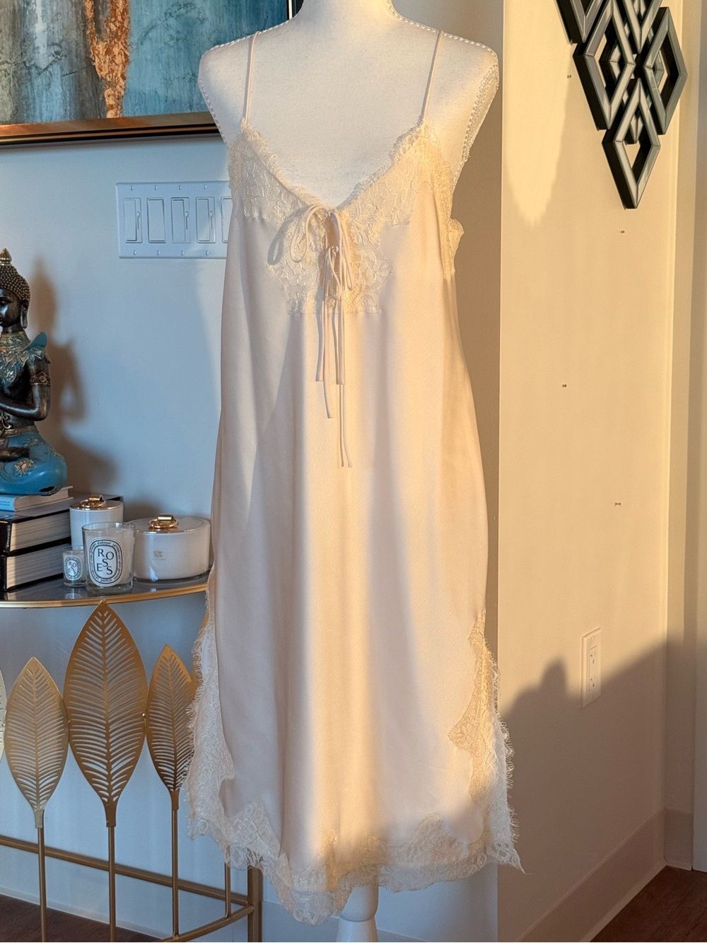 Lace-Trim Satin Slip Dress  in Cream